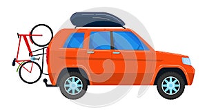 Orange SUV with bike rack and bicycle on white background. Car for adventure travel and outdoor activities vector