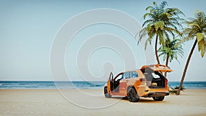 A orange SUV with its trunk open on a beach