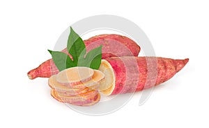 Orange sweet potato or yam with green leaf isolated on white background