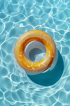 Orange swimming pool ring floating on the calm water in the swimming pool. High angle view with copy space