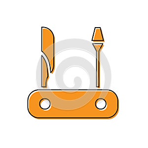 Orange Swiss army knife icon isolated on white background. Multi-tool, multipurpose penknife. Multifunctional tool