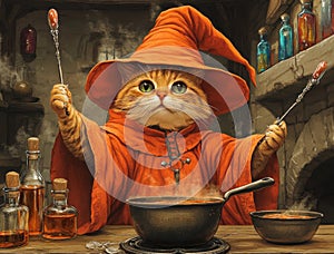 Orange Tabby Cat Wizard Stirring Potion in Rustic Kitchen