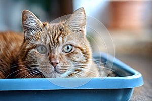 Orange tabby cat with green eyes is lying in blue litter box. Toilet training for cat. Pet care concept. Soft selective