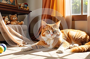 An Orange Tabby Cat Lounges in a Sunbeam That Filters Through a Sheer Curtain, Dappling Its Fur in Warm Glow