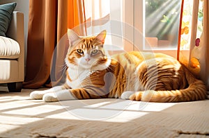 An Orange Tabby Cat Lounges in a Sunbeam That Filters Through a Sheer Curtain, Dappling Its Fur in Warm Glow