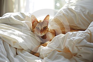 Orange tabby cat lounging in bed with white sheets