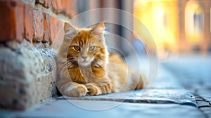 Orange tabby cat lounging on a cobblestone street.