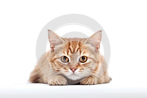 An orange tabby cat lying down on a white background, created by Generative AI