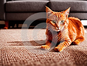 A orange tabby cat lying on the floor in front of a couch.