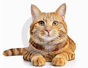 Orange tabby cat lying on the floor isolated with a white background