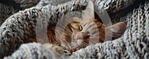 Orange tabby cat sleeping in a knitted blanket