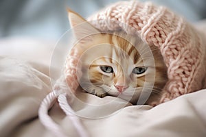 Orange Tabby Kitten Snuggled in Pink Knitted Hat