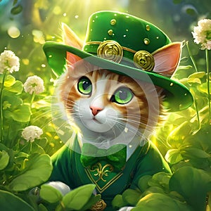 an orange tabby kitten wearing a green hat and sitting on top of some flowers