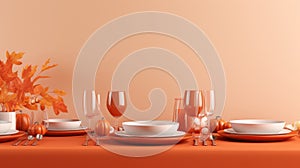 an orange table setting with white dishes and plates