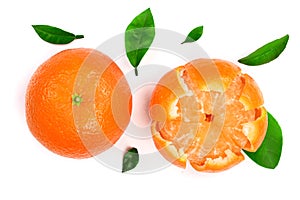 Orange or tangerine with leaves isolated on white background. Flat lay, top view. Fruit composition