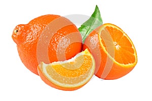 Orange tangerine or mandarin with slices and leaf isolated on white background