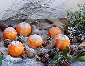 Orange tangerines on grey background in New Year`s decor with brown pine cones and green leaves. Christmas decoration with