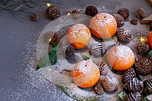 Orange tangerines on grey background in New Year`s decor with brown pine cones and green leaves. Christmas decoration with