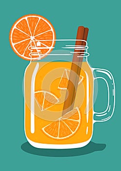 Orange tea with cinnamon in glass mason jar. Vector hand drawn illustration.