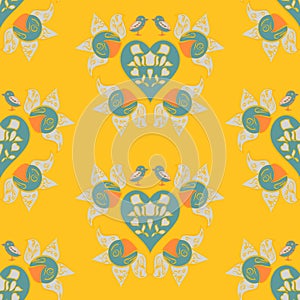 Orange, Teal And Mustard Hearts And Flowers Pattern