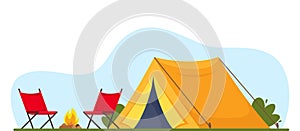 Orange tent, campfire and chairs. Banner, poster for Climbing, hiking, trakking sport, adventure tourism, travel, backpacking.