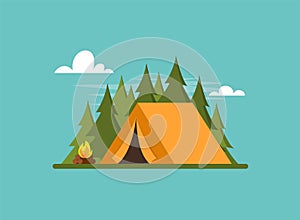 Orange tent in forest. Tent, forest and fire. Banner, poster for Climbing, hiking, trakking sport, adventure tourism, travel,