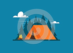 Orange tent in forest. Tent, forest and fire. Banner, poster for Climbing, hiking, trakking sport, adventure tourism, travel,