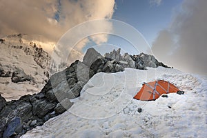 Orange tent in Mont Blanc mountain