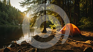 Orange tent pitched by a serene lakeside in a dense forest, with sunlight streaming through the trees at sunset