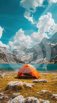 An orange tent is pitched up on the ground near a mountain lake in a beautiful summer landscape
