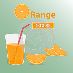 Orange text with juice glass and piece of orange