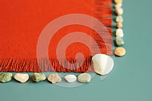 Orange texture, sea shells, sea stones, summer background, your message here