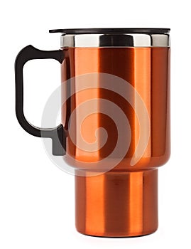 Orange thermos mug with black handle