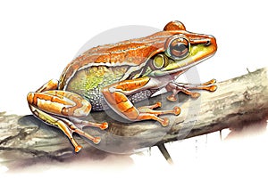 Orange-thighed tree frog in style of watercolor pencils on white paper, AI generative