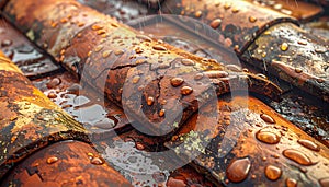 Orange Tiled Roof Surface with Water Runoff and Age Spots
