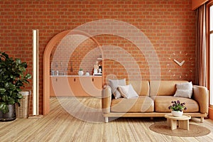 Orange tiles wall mock up in warm tones with leather sofa which is behind the kitchen room