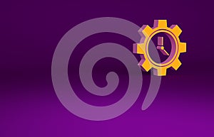 Orange Time Management icon isolated on purple background. Clock and gear sign. Productivity symbol. Minimalism concept