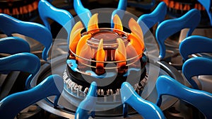 Orange tongues of blue flame dance atop a gas burner, creating a fiery spectacle. Ai Generated