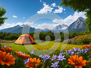 Orange Tourist tent on mountains background. Generative AI