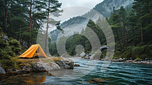 orange tourist tent stands on the river bank surrounded by a pine forest with copy cpace