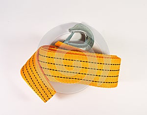 Orange towing strap. Close up of towing rope hooks. Tool set for car tire changing.