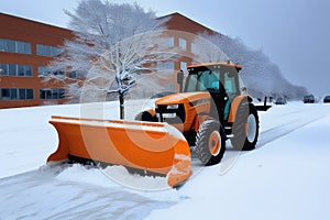 Orange tractor cleans up snow from the road. Cleaning and removal of roads in the city from snow in winter after snowfall
