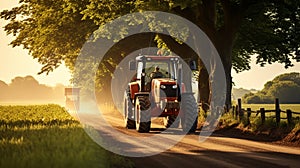 Orange Tractor Driving On Dirt Road At Sunrise In Field