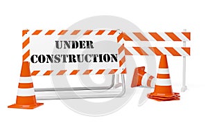 Orange traffic warning cones or pylons with street barrier and under construction sign on white background - under construction,