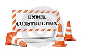 Orange traffic warning cones or pylons with street barrier under construction sign on white background - under construction,