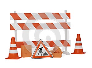 Orange traffic warning cones or pylons with street or road construction sign, road barrier and stone bricks on white background -