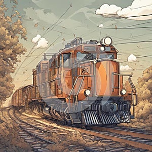Orange train. Old locomotive. Train travelling