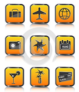 Orange travel icon luggage airplane palm coctail