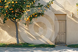 Orange tree against traditional Mediterranean city house building