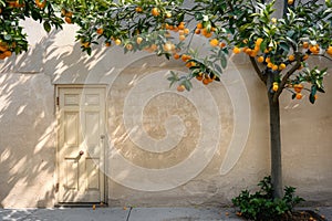 Orange tree against traditional Mediterranean city house building. Traditional urban exterior